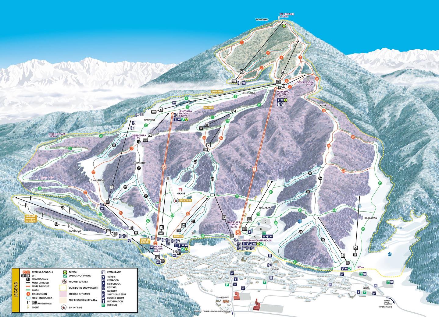 A detailed map of lifts and runs across the mountain in Nozawa