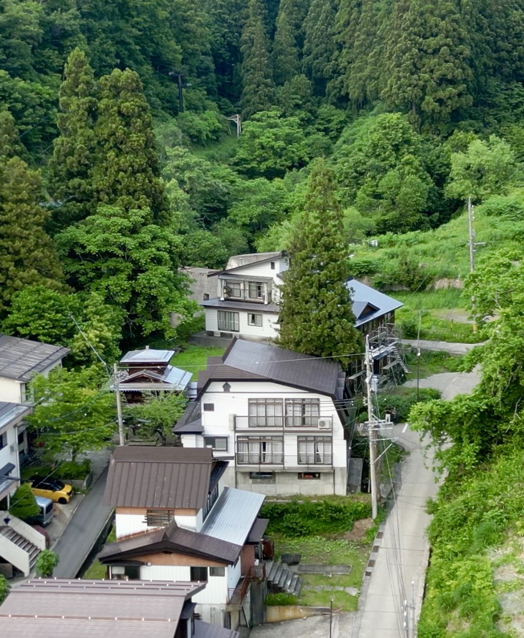 Taki No Yu nestled in the lush greenery of the mountainous terrain of Nozawa Onsen