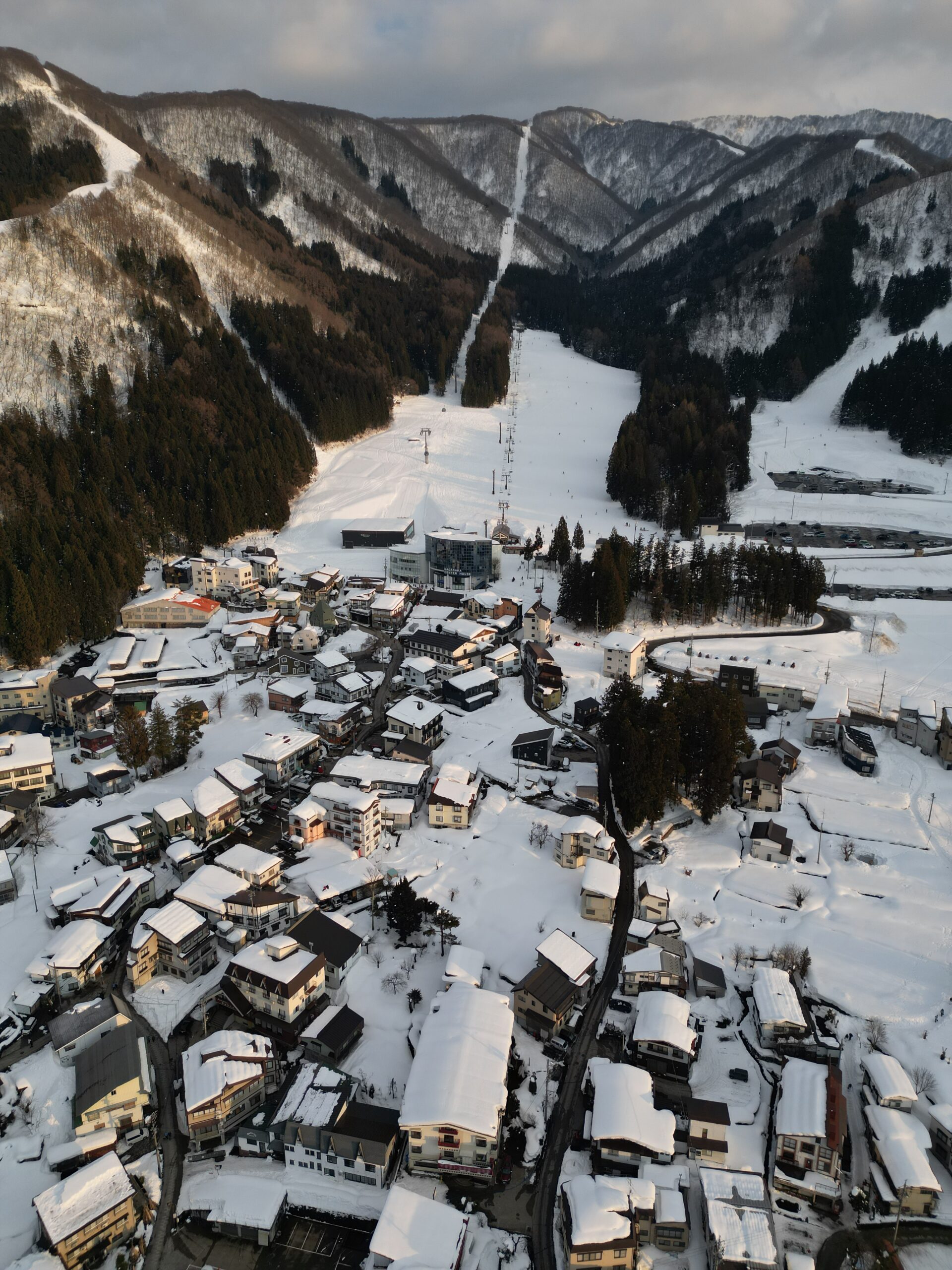 The town of Nozawa Onsen reaches all the way to the foot of the mountain