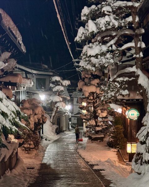 Cozy lights and white snow caps